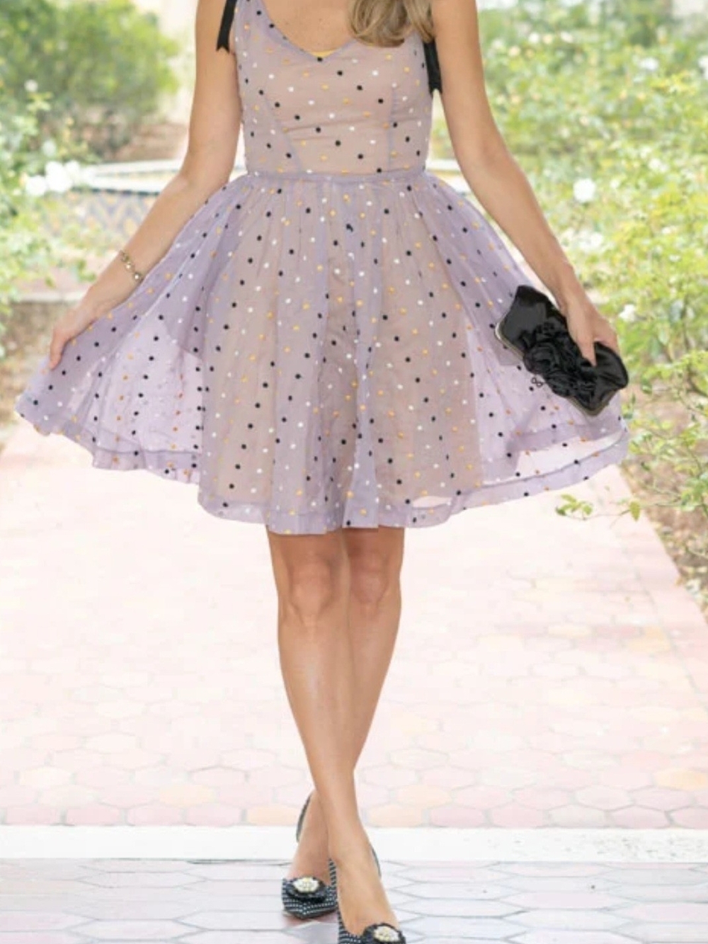 Baraschi Sheer Polka Dot Fit & Flare Mini Dress Flirty Feminine Warm Fall Tones